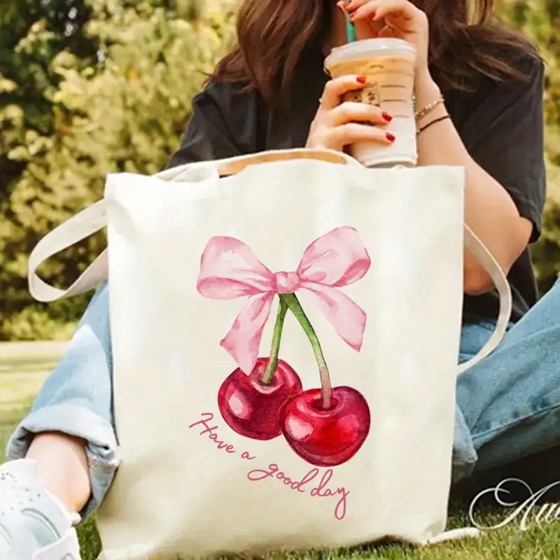 Canvas Tote Designer - Canvas-Tragetasche mit Kirschschschleifen-Design, lässige Mode-Handtasche für