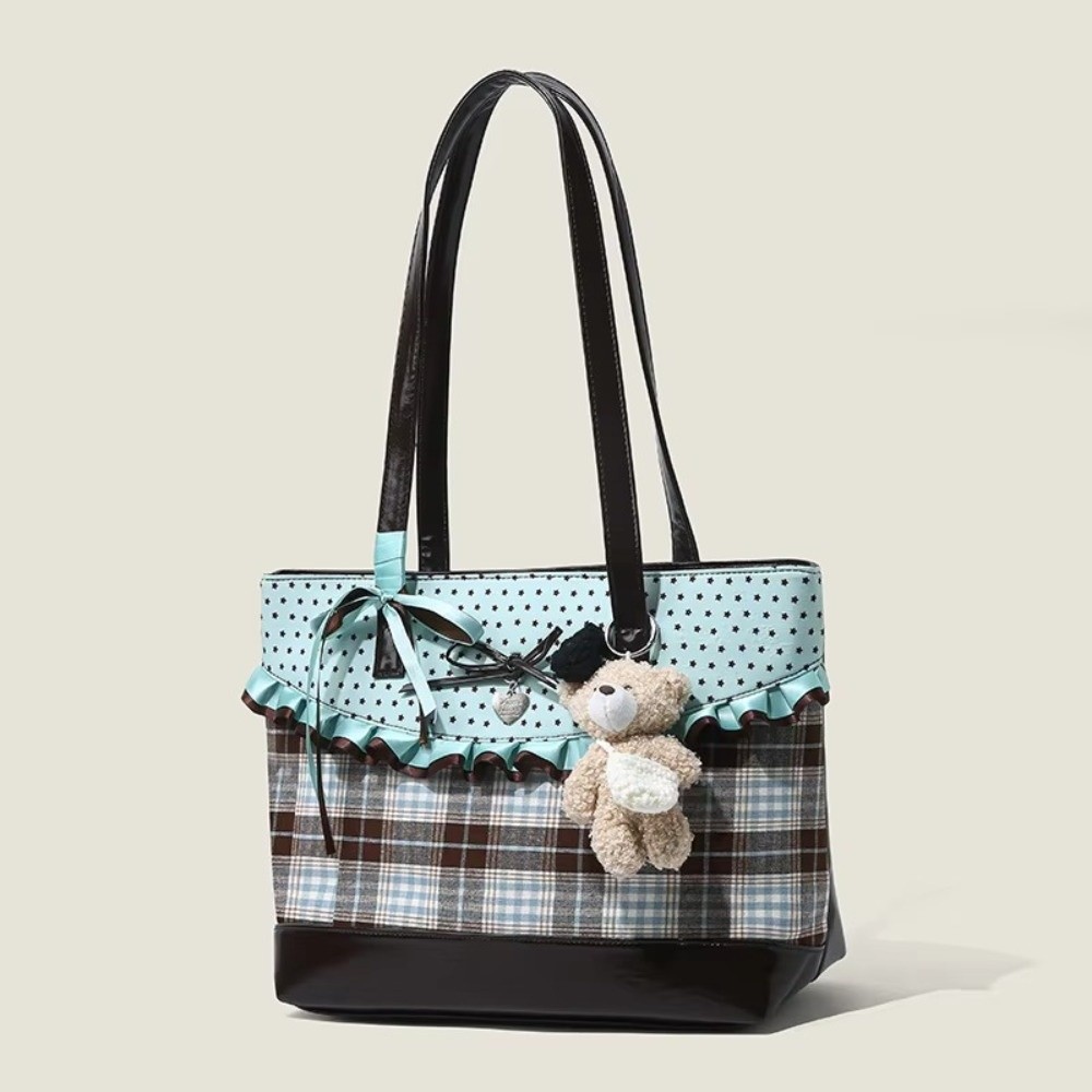 Canvas Tote Designer - Mintgrüne Canvas-Tragetasche mit Karomuster und Polka-Dot-Design,